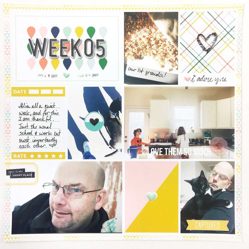 Larkindesign Project Life 2017 Week 05 Layout | Embellishing the Digi Layout Using AC Hazelwood