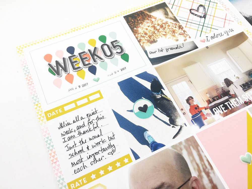 Larkindesign Project Life 2017 Week 05 Layout | Embellishing the Digi Layout Using AC Hazelwood